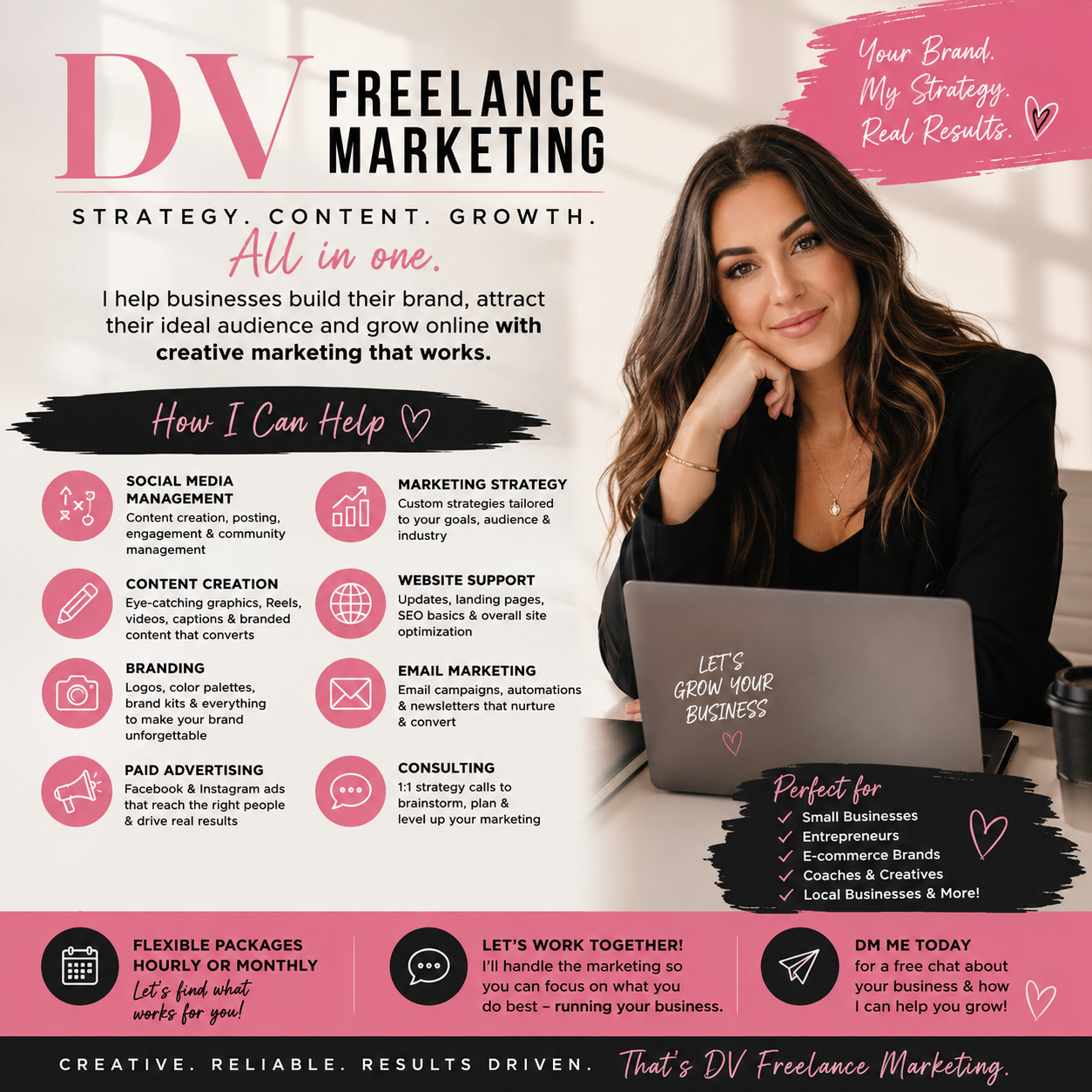 Pink DV Freelance Marketing design generated with AI by a novice, showing a crowded layout and many competing messages.