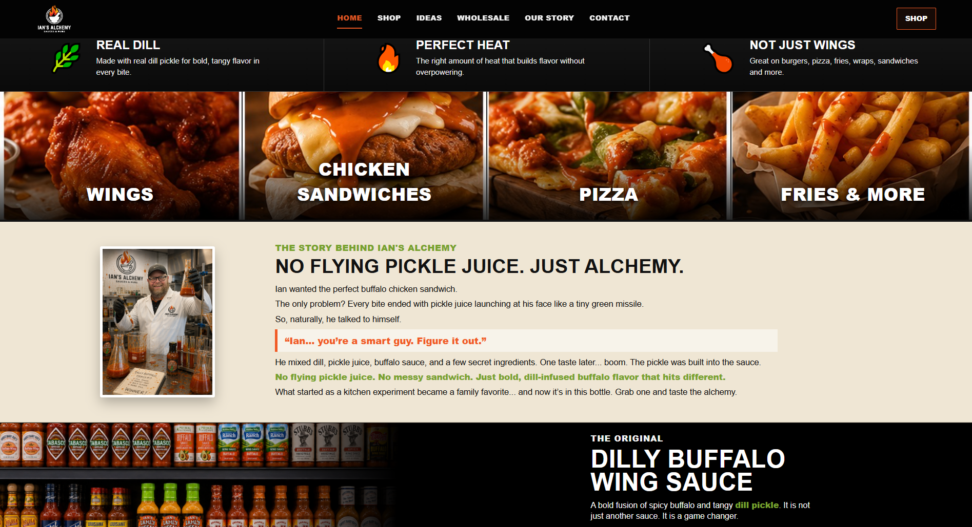 Ian's Alchemy custom website sample with bold food product branding